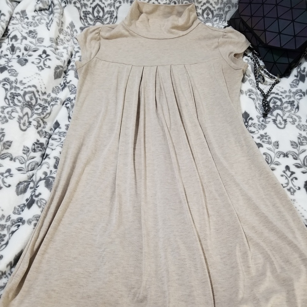 Beige Mock Neck Mini Dress